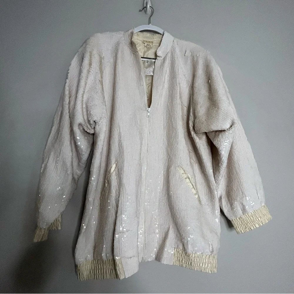 VINTAGE MONDI 1980s white sequin bomber jacket and pencil skirt silk large